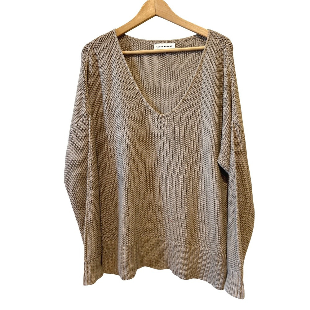Lucky Brand Sweater Sz M Neutral Tan V-Neck Boxy Lightweight Knit‎ Cotton Beachy